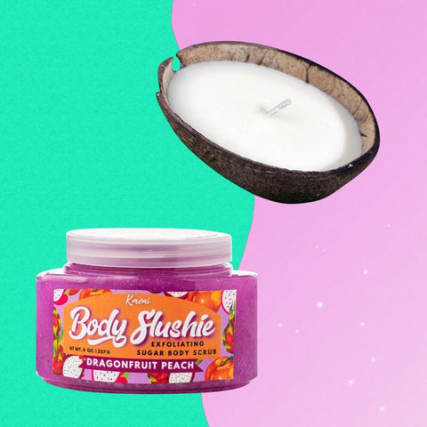 Dragonfruit Peach Body Slushie + Plumeria Palm Candle - Kmoni Cosmetics